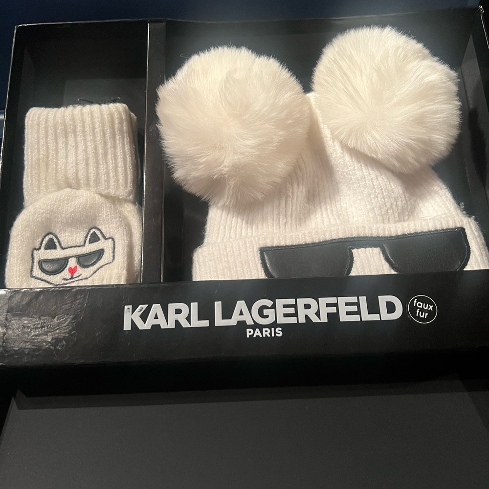 Karl Lagerfeld Cream Pom-Pom Beanie & Mittens Gift Set